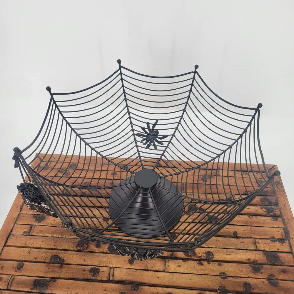Black Metal Spider Web Pedestal Bowl Halloween Gothic Decor Handcrafted 12in